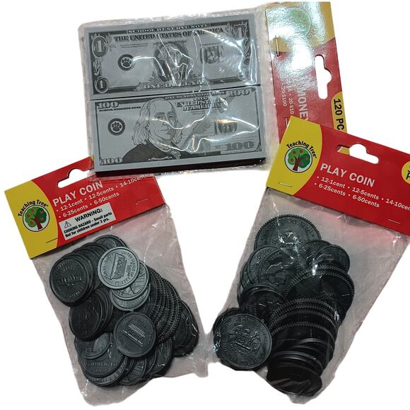 Teaching Tree Play Money Educational 1 Pack of Bills & 2 Packs of Coins NEW - Picture 1 of 3